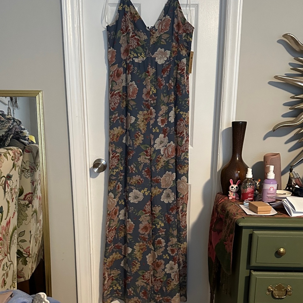 Floral V-Neck Maxi Jumpsuit - Blue Floral